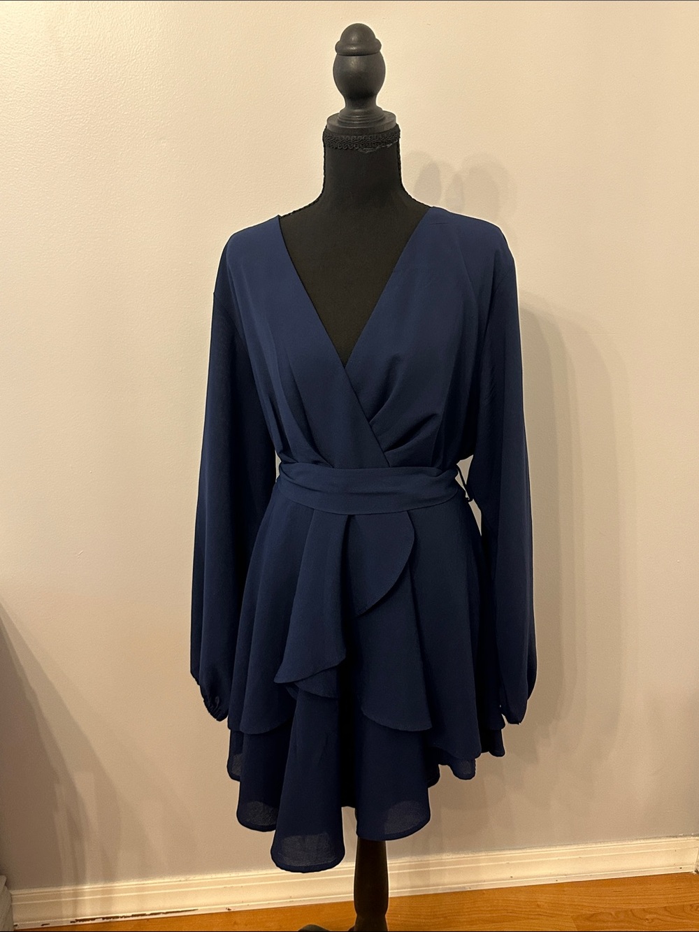 Deep Blue Long-Sleeve Wrap Mini Dress with Ruffle Skirt